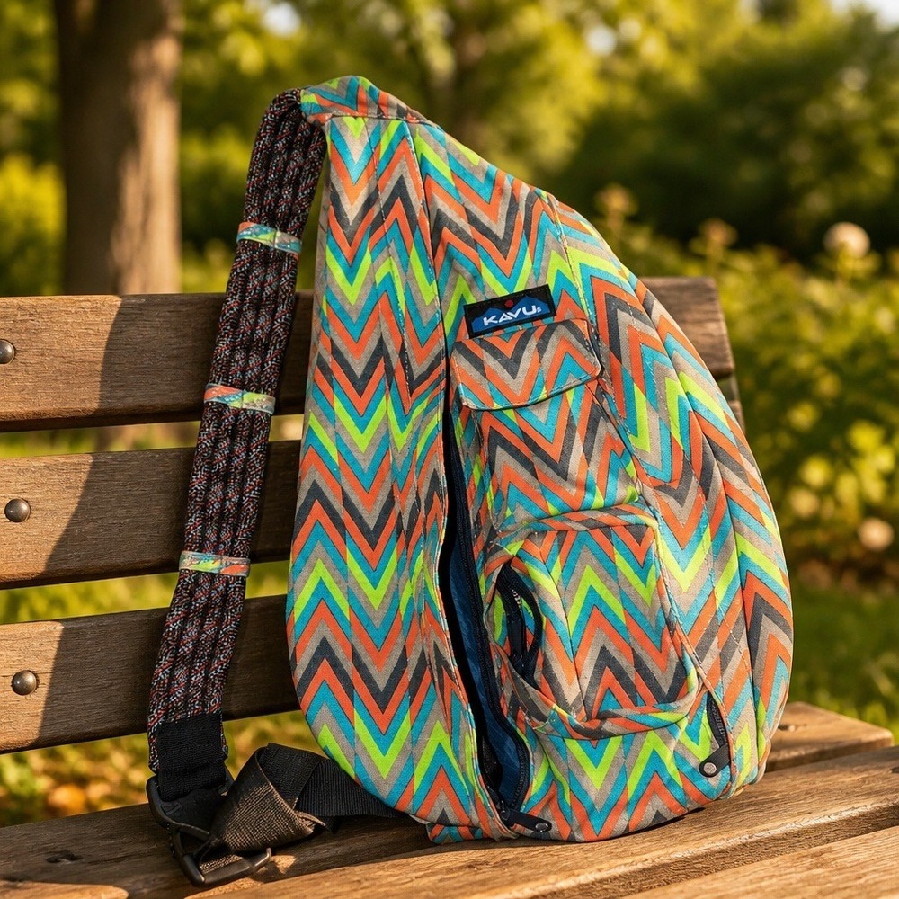KAVU Rope Bag Neon Chevron Zigzag Canvas Sling Crossbody Backpack Grey Blue